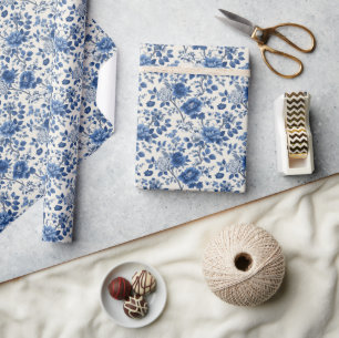 Papel De Presente Tapeçaria Floral Azul Elegante