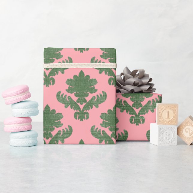 Papel De Presente Tapeçaria Francesa Verde e Rosa (Chá de bebê)