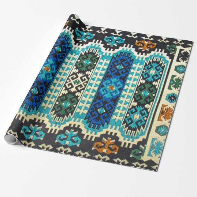 Papel De Presente Tapete Persa Turco Oriental Azul Verde (Desenrolado)