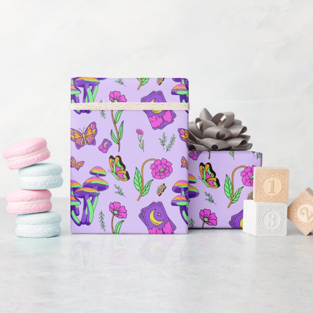 Papel De Presente Tarô de Cogumelo Vibrante Psicodélico Esotérico (Chá de bebê)