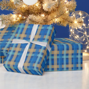 Papel De Presente Tartan Aquarela Pintado à Mão em Azul e Laranja