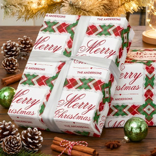 Papel De Presente Tartan de Natal Vermelho Verde Nome da Família em