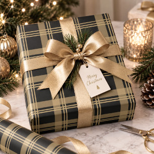 Papel De Presente Tartan de Natal Xadrez Dourado Preto