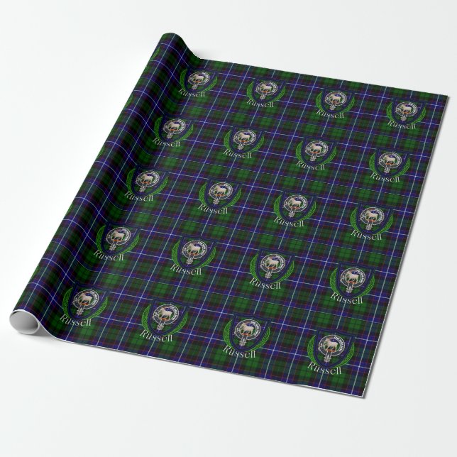 Papel De Presente Tartan e Brasão do Clã Escocês Russell (Desenrolado)