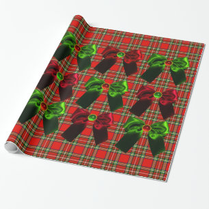 PAPEL DE PRESENTE TARTAN ESCOCÊS COM ARCOS VERDES VERMELHOS DO NATA