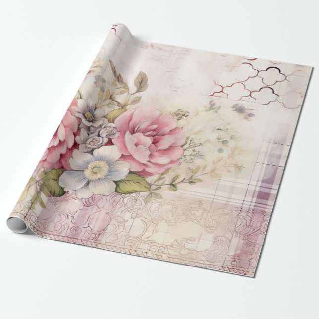 Papel De Presente Tartan Floral de Natal com Dor de chique (Desenrolado)