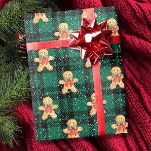 Papel De Presente Tartan Green Black Gingerpão nevado Natal