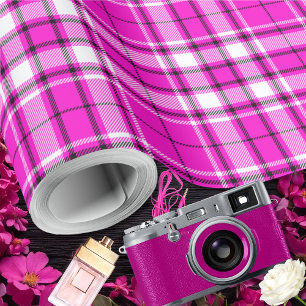 Papel De Presente Tartan - Preto-Branco-Rosa-Quente