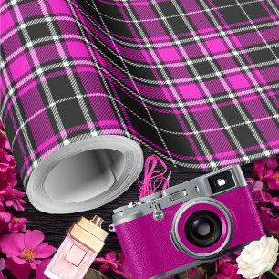 Papel De Presente Tartan - Preto-Quente Branco-Rosa