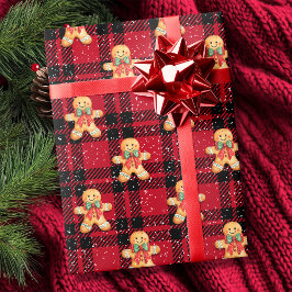 Papel De Presente Tartan Red Black Gingerpão nevado Natal