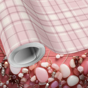 Papel De Presente Tartan - Rosa Bebê com Cimento Branco e Rosa Escur