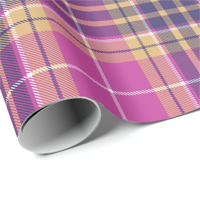 Papel De Presente Tartan rosa, Dourado e azul (Ponta do rolo)