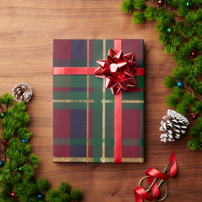 Papel De Presente Tartan Verde Floresta Borgonha (Presente de Natal)