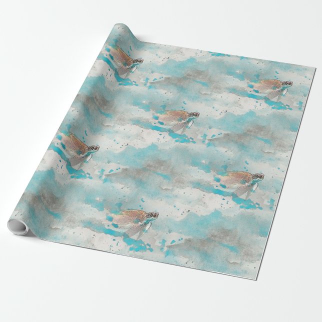 Papel De Presente Tartaruga Náutica Oceana Azul-Cáurea (Desenrolado)