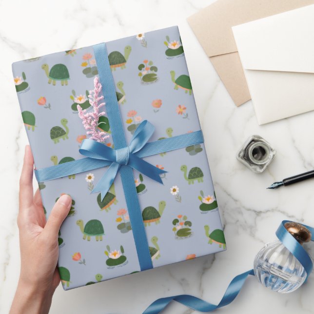 Papel De Presente Tartarugas & Folhas de Lótus em Azul Claro (Presentear)