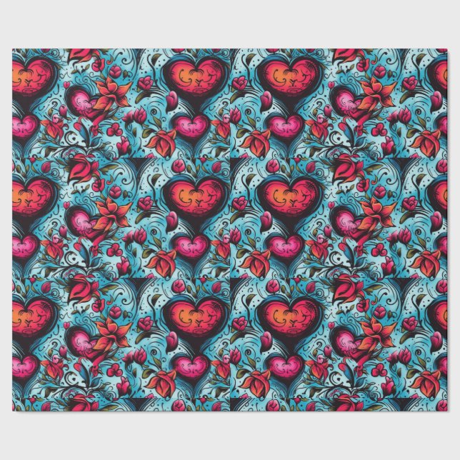 Papel De Presente Tatto Blue Hearts Theme (Barra)