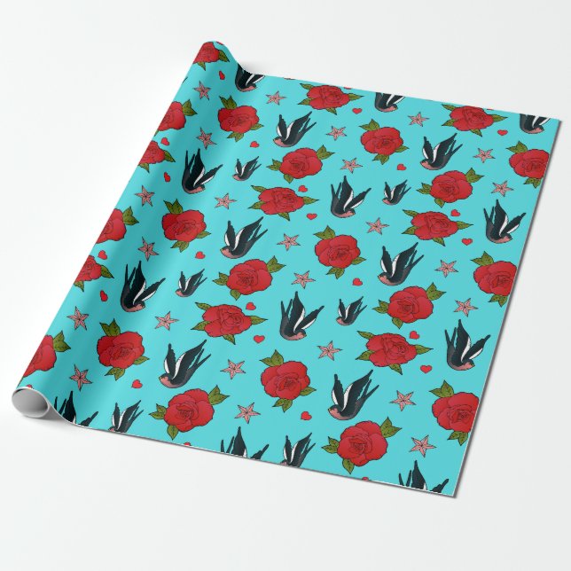 Papel De Presente Tattoo Swallows e Rosas Rockabilly Birthday (Desenrolado)