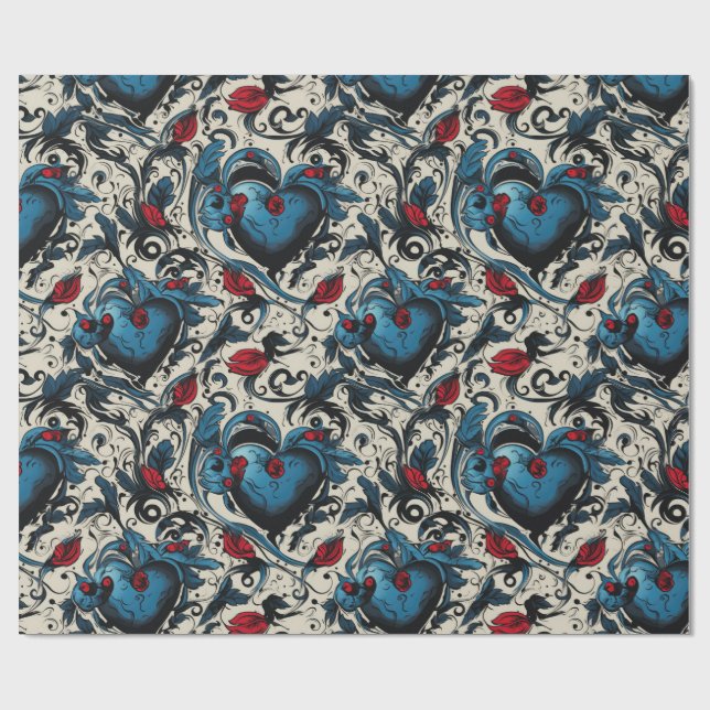 Papel De Presente Tatuagem Azul Coração Tema Digital (Aberto)
