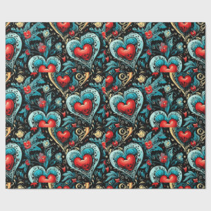 Papel De Presente Tatuagem Blue Red Hearts Theme