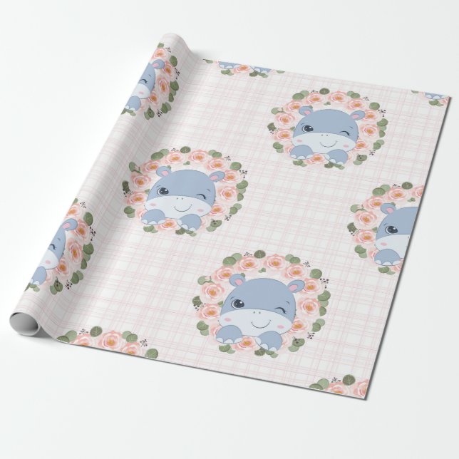 Papel De Presente Tatuagem de Hipopótamo e Flor (Desenrolado)