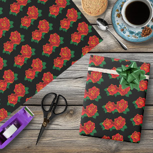 Papel De Presente Tatuagem Tradicional de Rosas Vermelhas em Negrito
