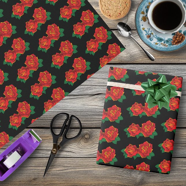 Papel De Presente Tatuagem Tradicional de Rosas Vermelhas em Negrito (Criador carregado)