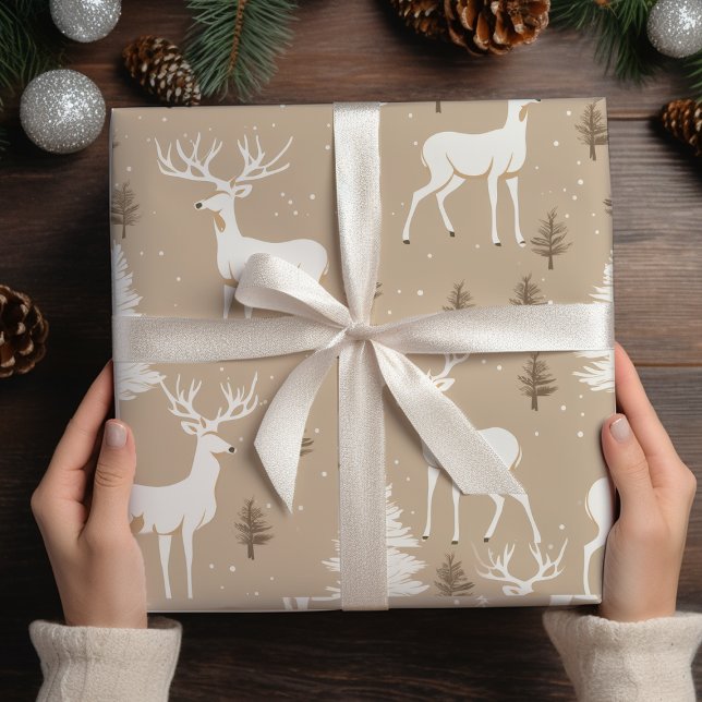 Papel De Presente Taupe & White Scandinavian Reindeer Woodland Wrapp (Criador carregado)