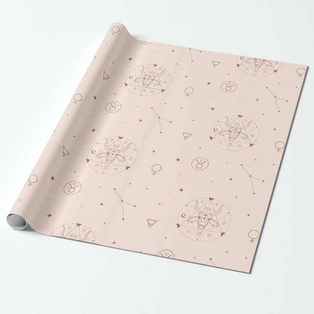 Papel De Presente Taurus Zodiac Pattern in Brown and Burgundy (Desenrolado)