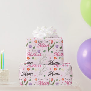 Papel De Presente Te Amo Mãe Melhor Mãe Padrão de Tipografia Floral