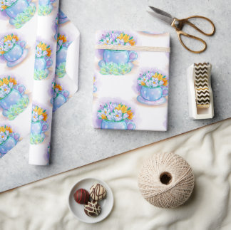 Papel De Presente Teacup roxa com flores pastas brancas e amarelas