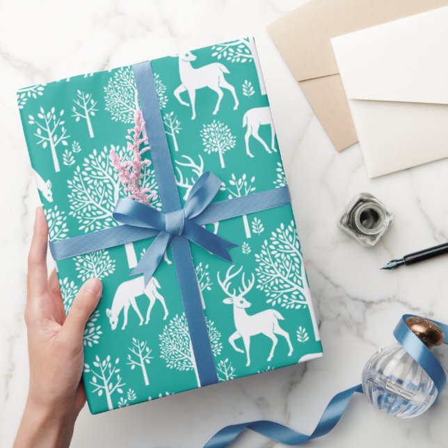 Papel De Presente Teal Aqua Christmas Reindeer Wrappaper (Presentear)