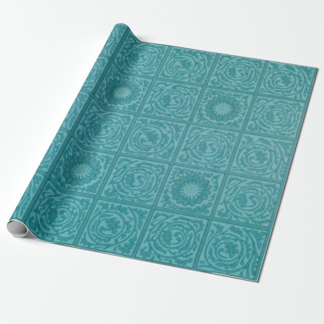 Papel De Presente Teal Azulejo Pattern (por William Morris) (Desenrolado)