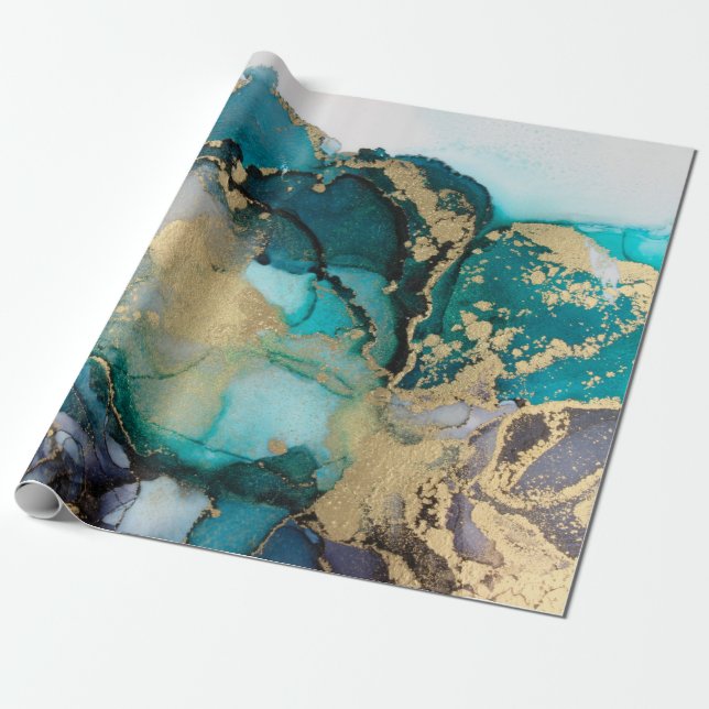 Papel De Presente Teal Black Gold Alcohol Ink Fluid Artabstract,art, (Desenrolado)
