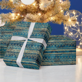 Papel De Presente Teal Blue Dourado Boho