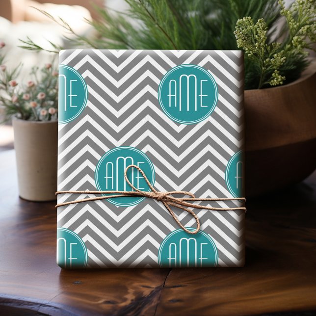 Papel De Presente Teal Charmala Chevrons Monograma Personalizado (Personalized Wrapping Paper)