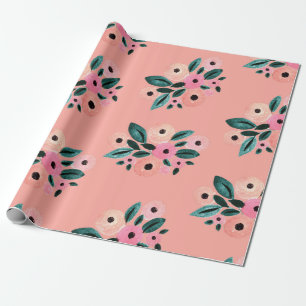 Papel De Presente Teal de Aquarela e Floral Rosa