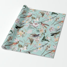 Papel De Presente Teal de Padrão Selvagem de Hummingbird Tropical