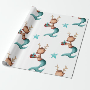 Papel De Presente Teal e Red Smermaid Reindeer Natal