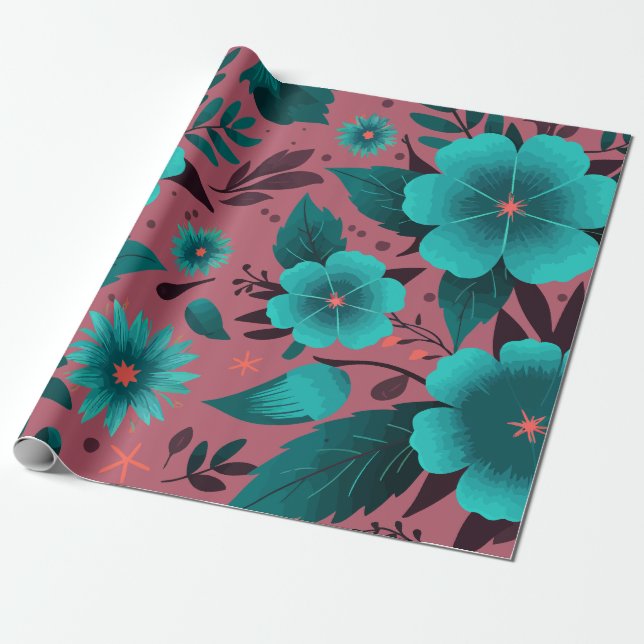Papel De Presente Teal Floral Patterno sobre Maroon (Desenrolado)