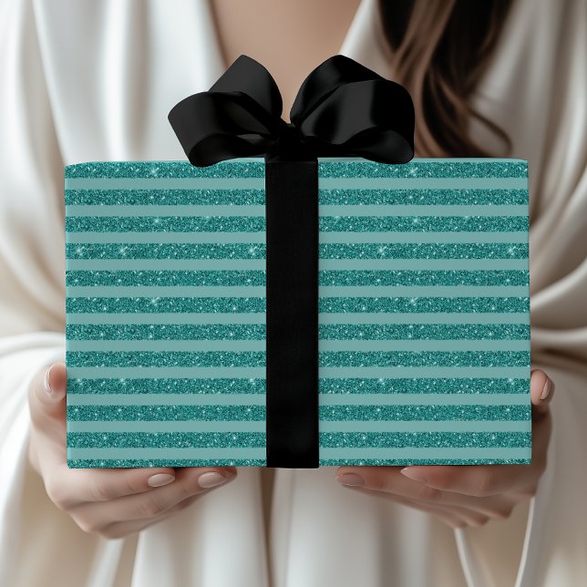 Papel De Presente Teal Green Glitter Style Horizontal Stripes (Criador carregado)