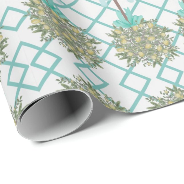Papel De Presente Teal Lemon Topiary Robin's Egg Blue (Ponta do rolo)