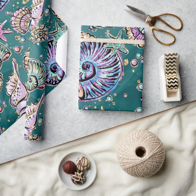 Papel De Presente Teal Luxe submarino | Pás Douradas do Pastel Verde (Artesanato)