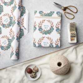 Papel De Presente Teal Roses and Copper Leaves Wedding