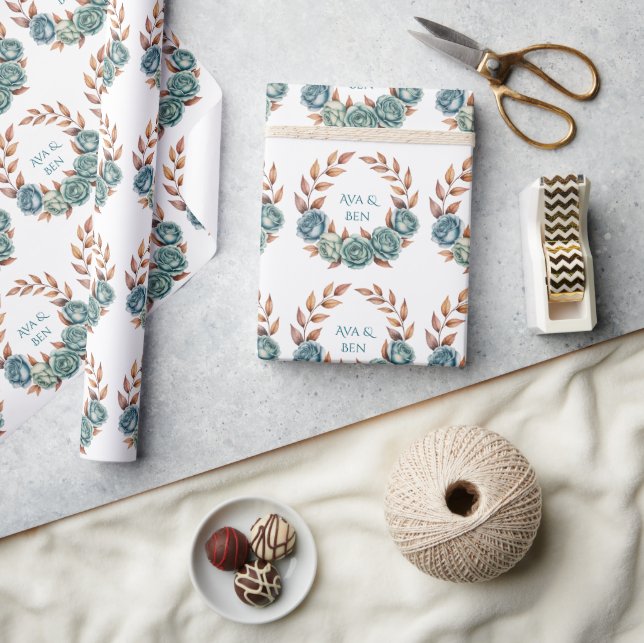 Papel De Presente Teal Roses and Copper Leaves Wedding (Artesanato)