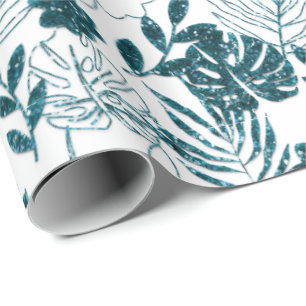Papel De Presente Teal Tropical Monstera Botânica Folha Branca Palma