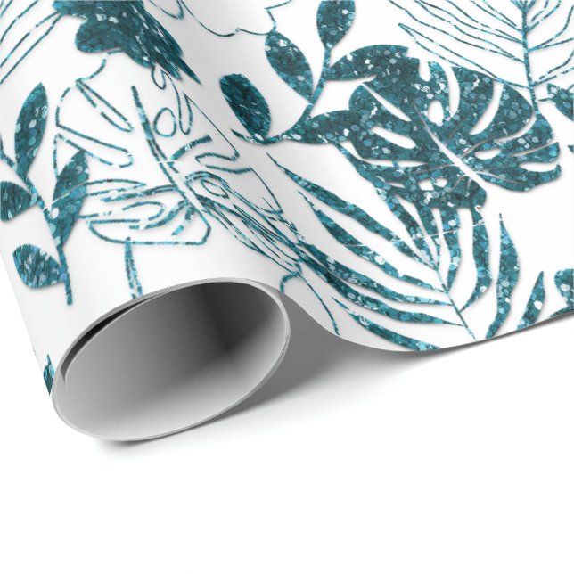 Papel De Presente Teal Tropical Monstera Botânica Folha Branca Palma (Ponta do rolo)
