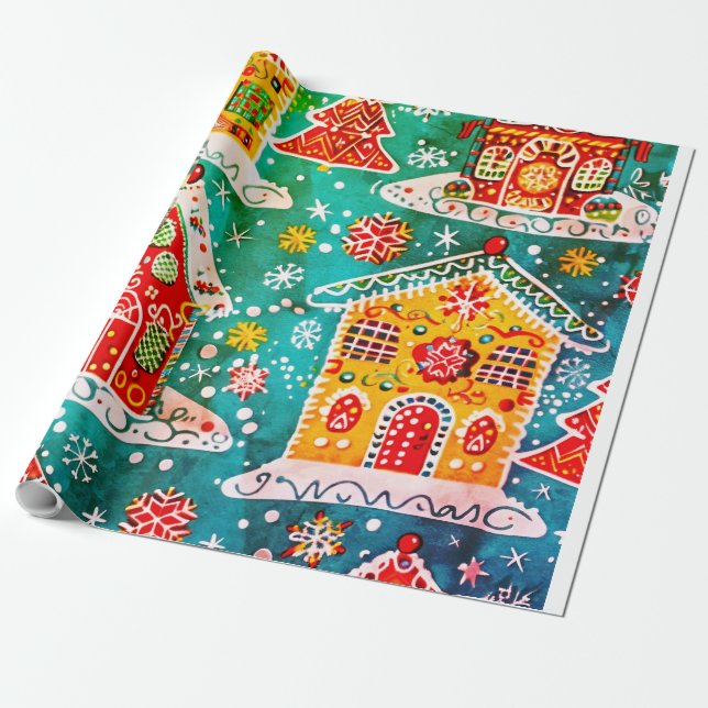 Papel De Presente Tecido de Natal com uma casa de pão de gengibre e  (Desenrolado)