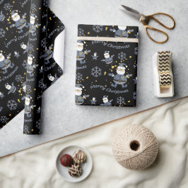 Papel De Presente Tecido Denim Azul Dourado Preto Padrão Papai Noel