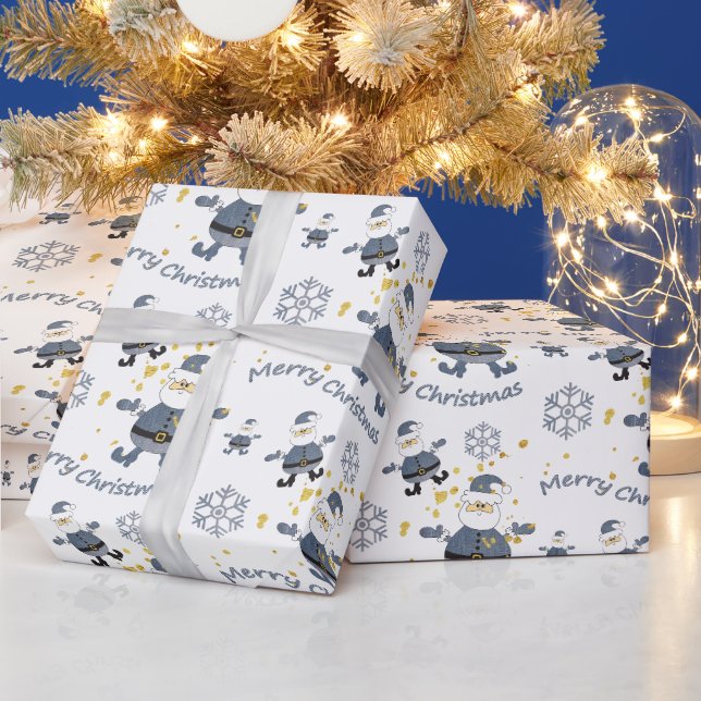 Papel De Presente Tecido Jeans Blue Gold Moda Natal Símbolo Papai No (Feriados)