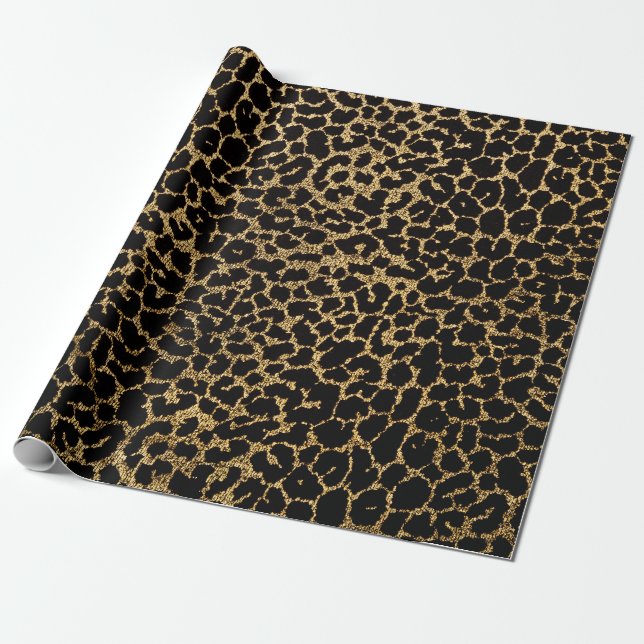 Papel De Presente Tecido preto com pinto-de-pele-leopardo-ouro metál (Desenrolado)